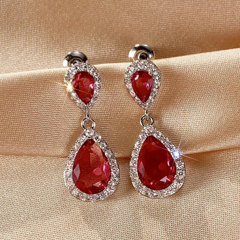Two Tier Teardrop Halo Dangle Stud Earrings Multi Color Option Women Wedding Formal Drop Ear Jewelry