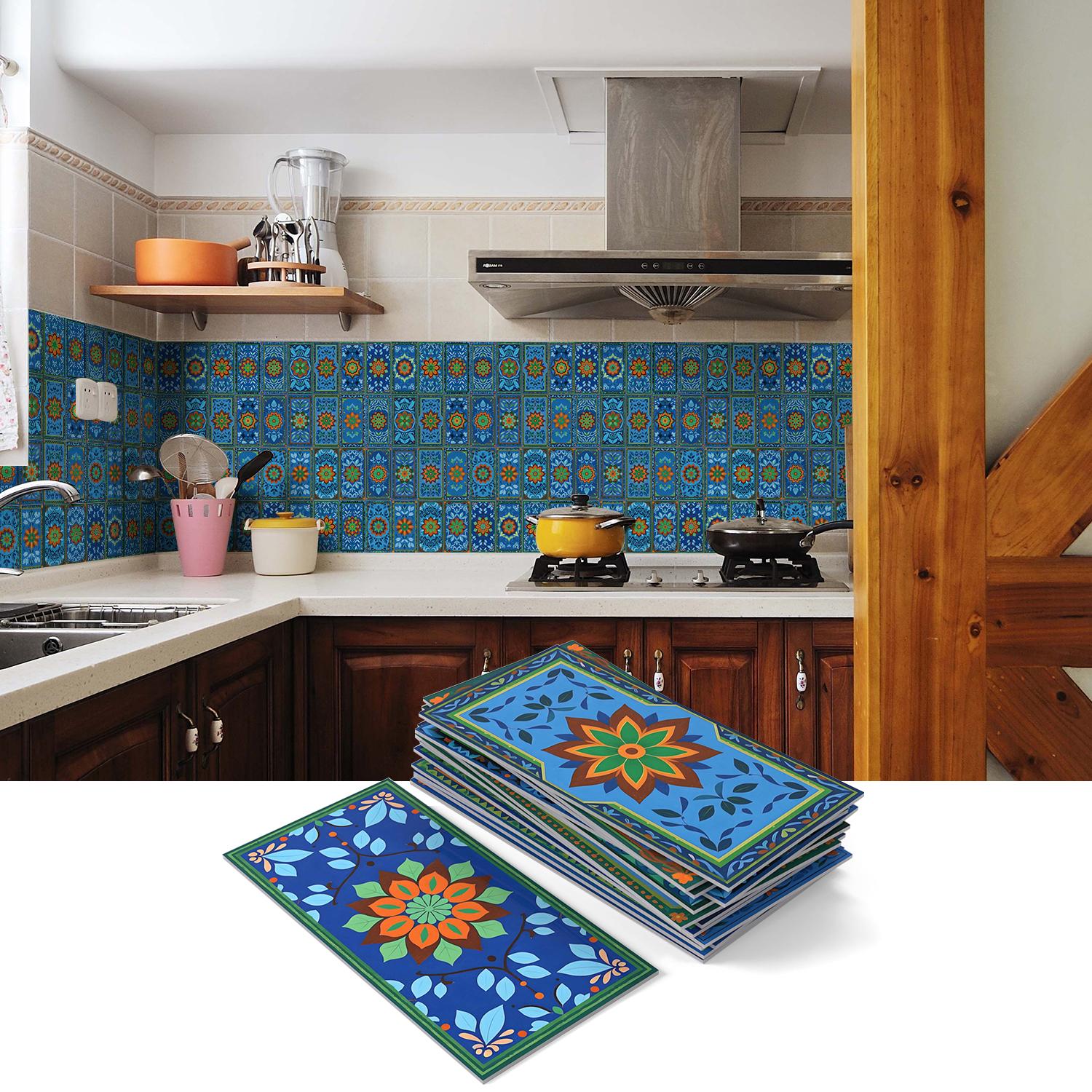 

European Mandala Self-Adhesive Tile Wall Stickers, Kitchen, Living Room and Bathroom Wall Decoration, PET Thickened Wallpaper (as the picture,16pcs)