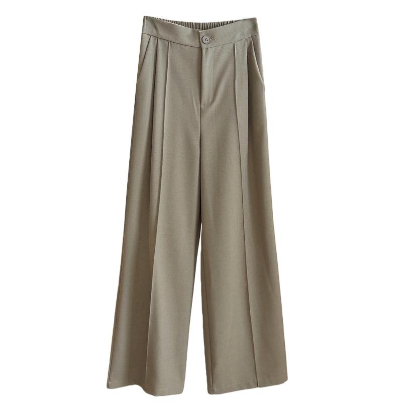 Spring high-end cotton linen draped gray suit slacks women's new elastic waist wide-leg versatile straight-leg pants