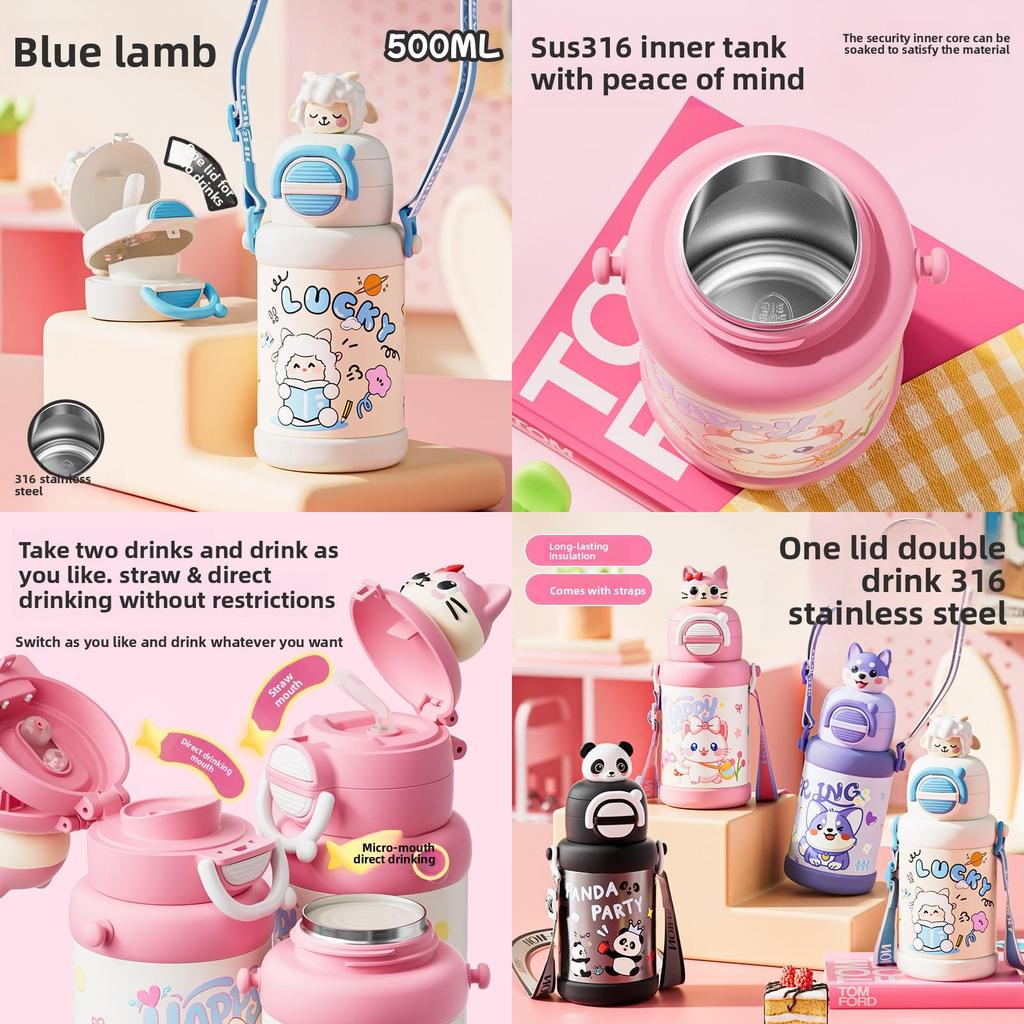 Childrens Insulated Water Bottle With Straw And Carry Strap For School And Travel