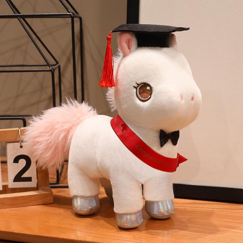 28Cm Cartoon Graduation Horse Plush Doll Brown White Doctor Cap Horse Animal Stuffed Toy Home Decor Gift For Children