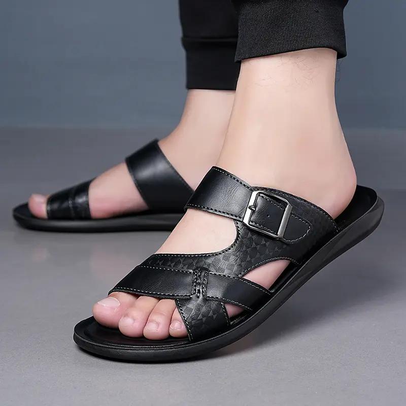 Men's Leather Slide Sandals Adjustable Buckle Casual Non-slip Summer Beach Slippers