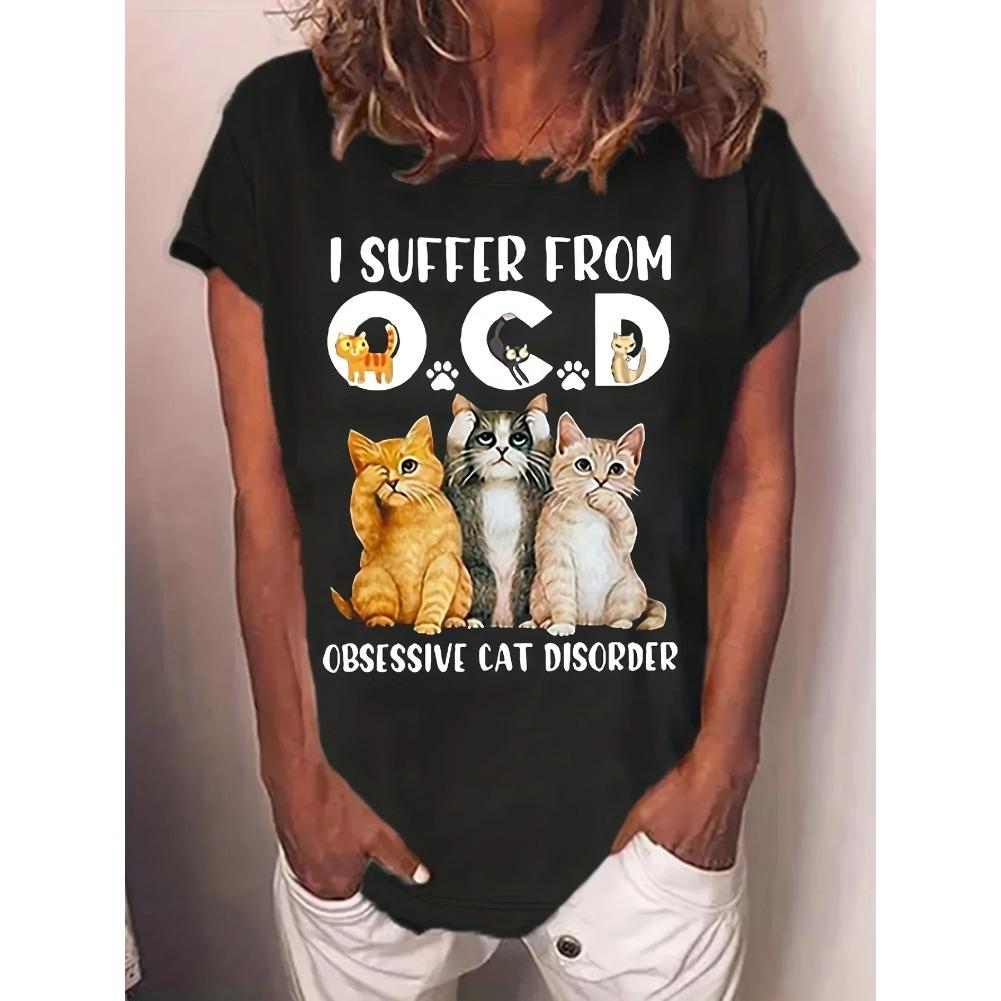 Cat & Letter Print Crew Neck T-Shirt, Casual Short Sleeve T-Shirt For Spring & Summer, Women's Clothing