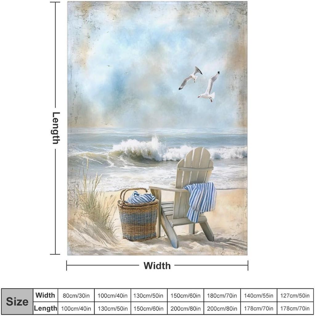 Beach Blanket Ocean View Seagull Chair Waves Coastal Decor Soft Throw Seaside Art Bedroom Textile Relaxing Home Accessory