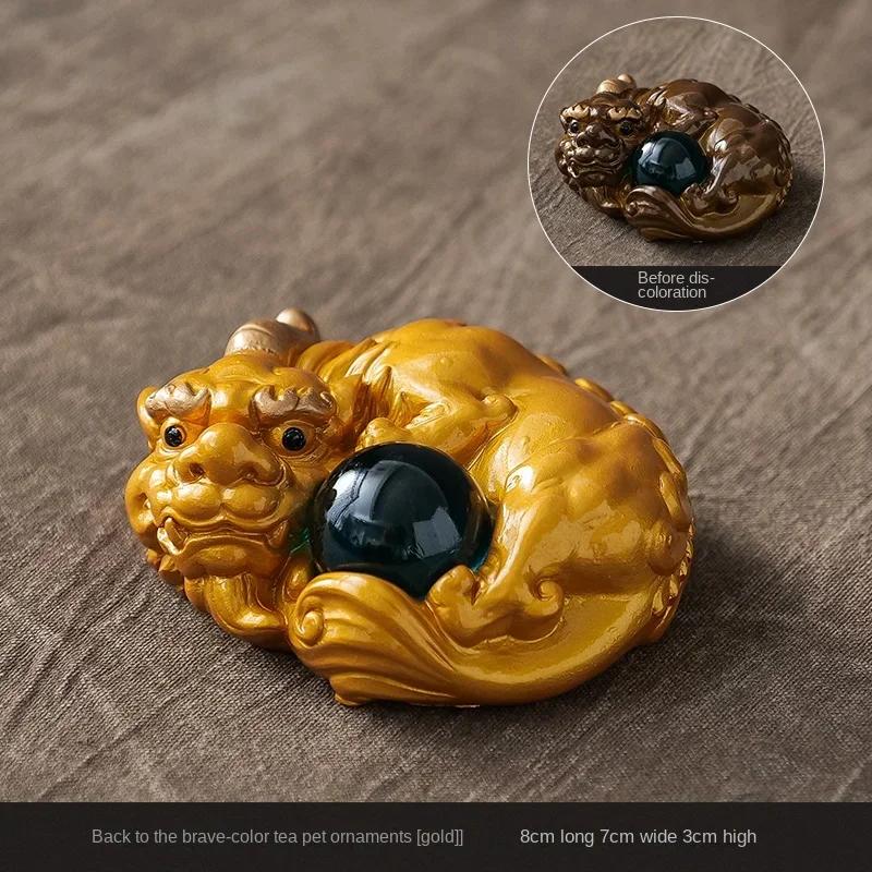 Farbwechselndes, vermögensanziehendes Pixiu Teehaustier - Handgefertigtes Kunstharzhandwerk Feng Shui Heimdeko Mini KungFu Teetischzubehör Geschenk