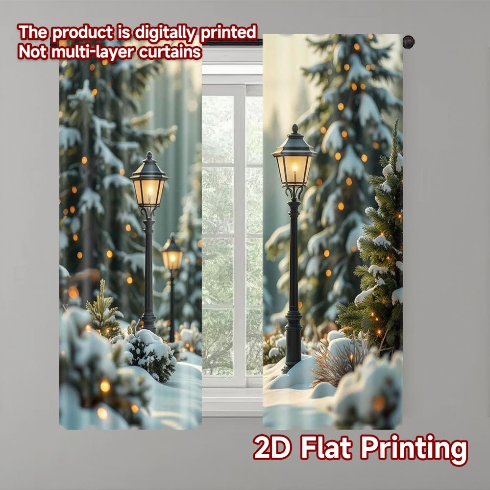 

2pcs 2D flat printing Merry Christmas Party Curtains Christmas snow scene Machine Washable Polyester Without Electricity Festive 100*130 Grommet Top 1pcs