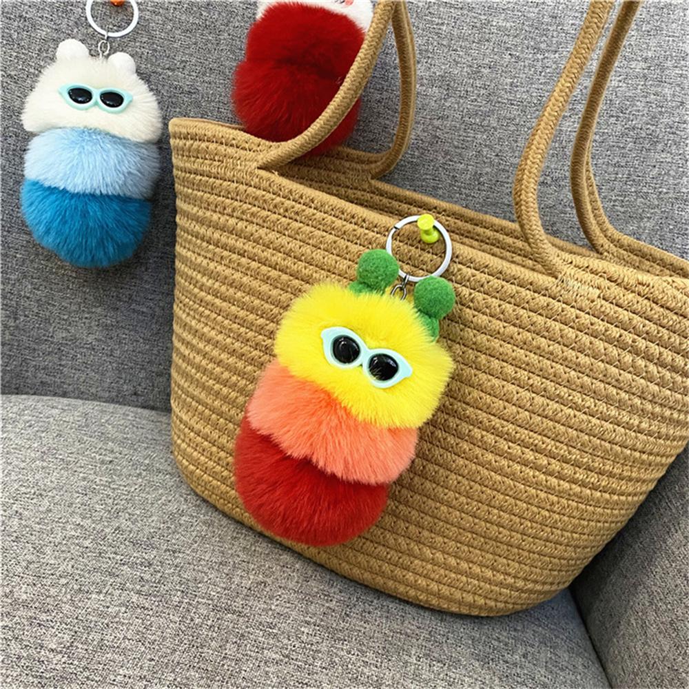 Niedliche bunte Plüschraupen Schlüsselanhänger mit Sonnenbrille Weicher Kaninchenfell Tier Pompon Anhänger Mit Schlüsselringen Für Damen Handtasche