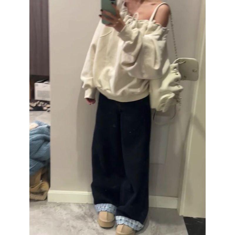 

145 Маленьких вышитых бантиков Джинсы на каждый день Женские 2025 Новое поступление С высокой талией Прямые Широкие брюки Длинные брюки Dark blue small section XL