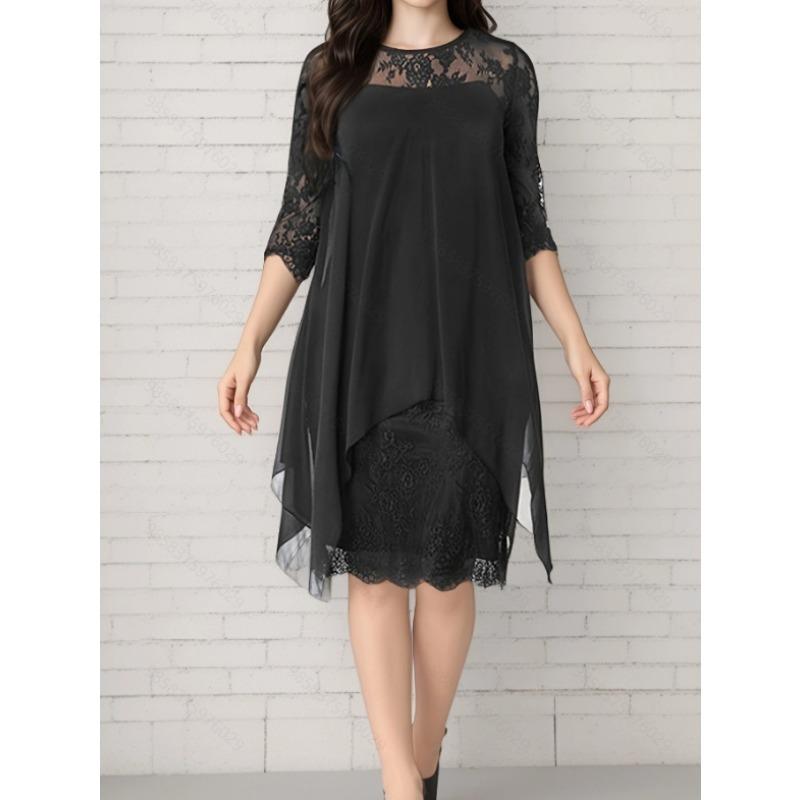 JPNTKY Fashion Summer Spring Solid Color Print 3/4 Sleeves O-Neck Casual Dresses
