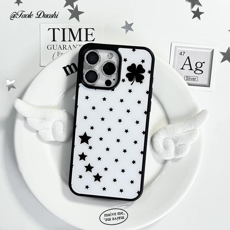 INS Fashion Black White Simple Star Luckily Grass Phone Case for iPhone 16 15 14 13 12 11 ProMax Phone Advenced MINI Cover Capa