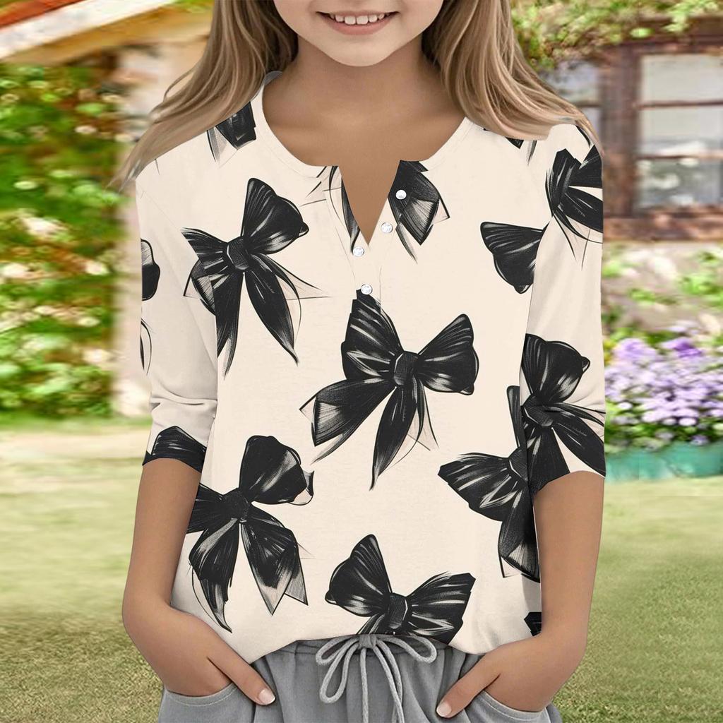 Print Tops For Youth Girls V Neck Button 3/4 Sleeves T-Shirts Trendy Tops Outfit Tees