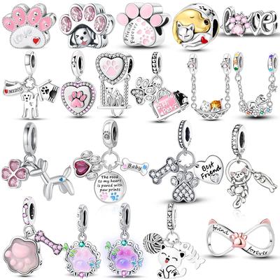 Original Copper Bracelet Jewelry Diy Accessory Women Fine Delicate Gift Charms Beads Pink Paw Cat Fixed Chain Pet Dogs Beads