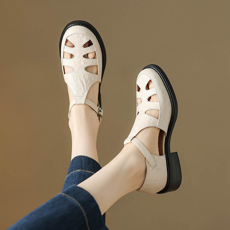 Krazing Pot Fårskinn Rund Tå Storlek 42 Hög Kvalitet Tjock Mellanhög Klack Spänne Ihålig Stil Vacker Höst Större Storlek Pumps