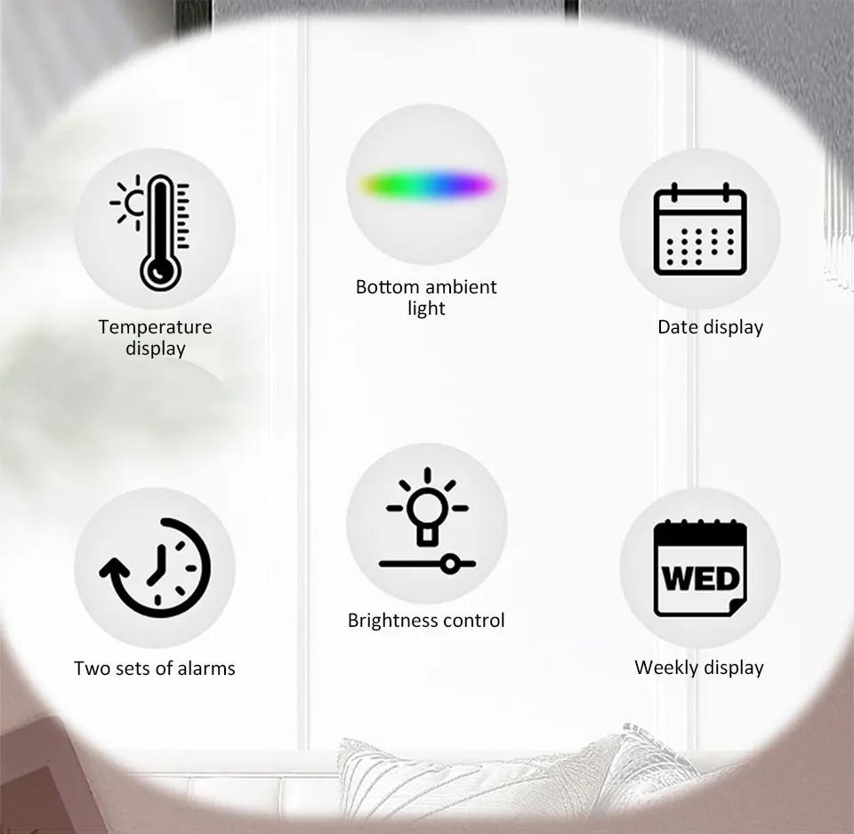 LED multi-functional digital clock with three adjustable brightness levels, mood light temperature display, digital alarm clock