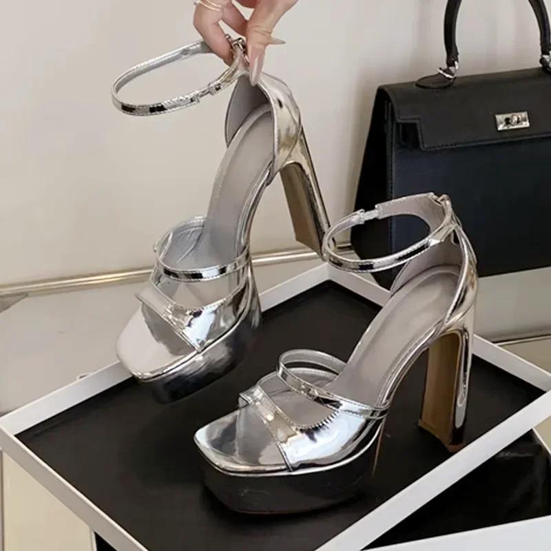 Fashion Luxury Patent Leather Platform Sandals Women 2025 Summer Zip Cover Strap Design Chunky High Heels Elegant Banquet Dress Shoes