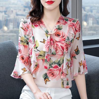 Bol Şifon Gömlek Kadın Kısa Kollu Moda Çiçekli Üst Küçük Gömlek