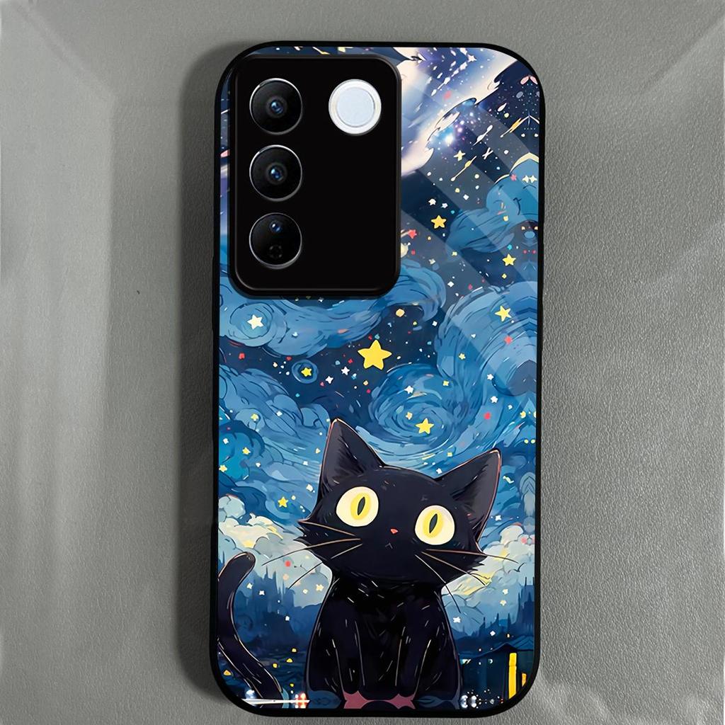 Case for Vivo V27e V27 Pro Anime Black Cat Starry Cloud Print Phone Cover Acrylic Hard Back Shell With Flexible TPU Edge