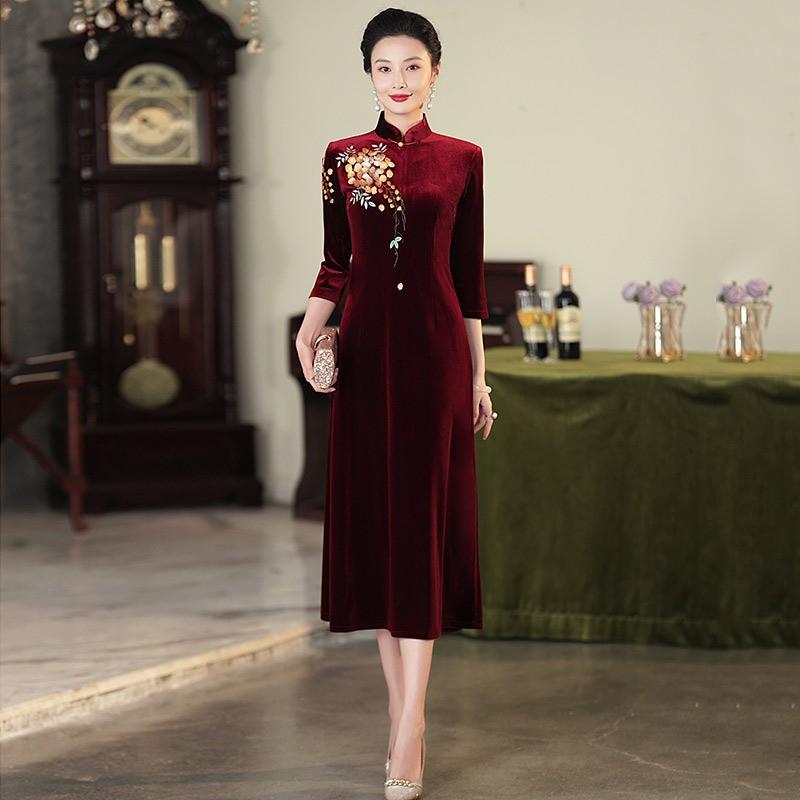 Elegant Red Velvet Dress Mother Of Bride Wedding Guest Outfit Winter Medium