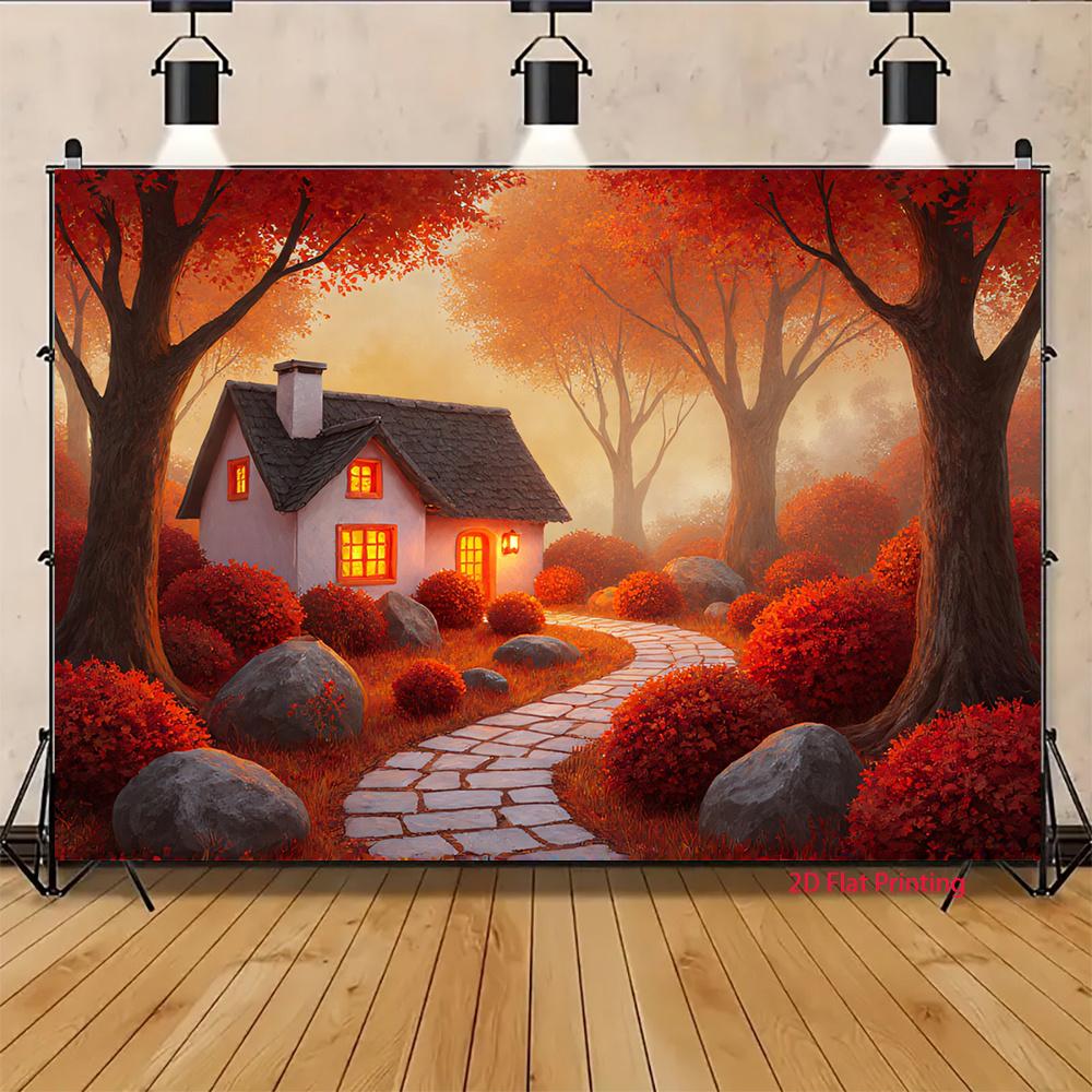 2D Plane 1 Piece of Orange Autumn White House Suitable As a Banner Background Fabric for Outdoor Celebrations