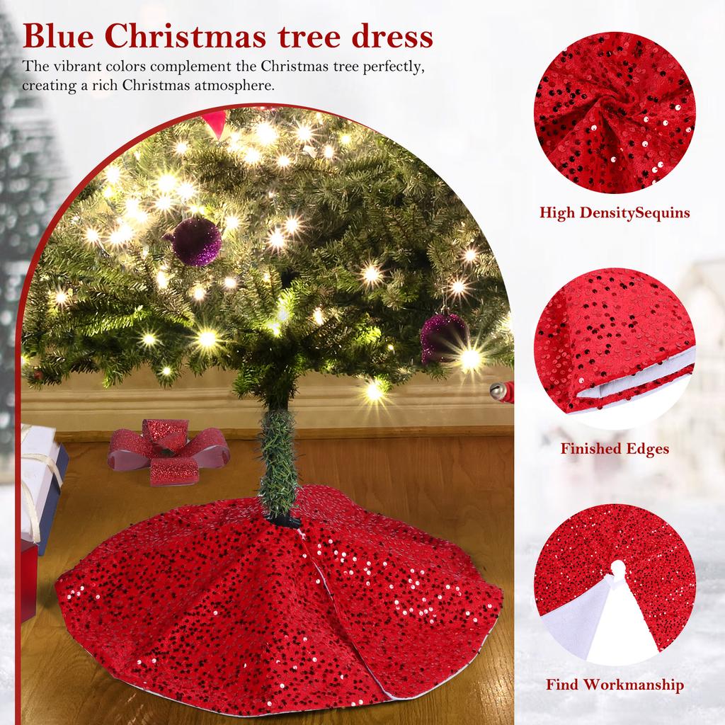 Christmas Tree Skirt W/ Small Sequin Red Tree Skirts Sparkling Sequin Tree Skirt for Christmas New Year Festival Family Party
