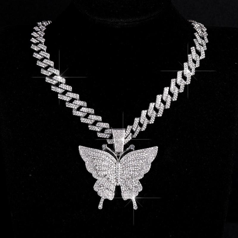 Collier Pendentif Papillon Style Hip Hop Chaîne Cubaine en Alliage Bijoux de Mode Unisexe Tenue de Soirée