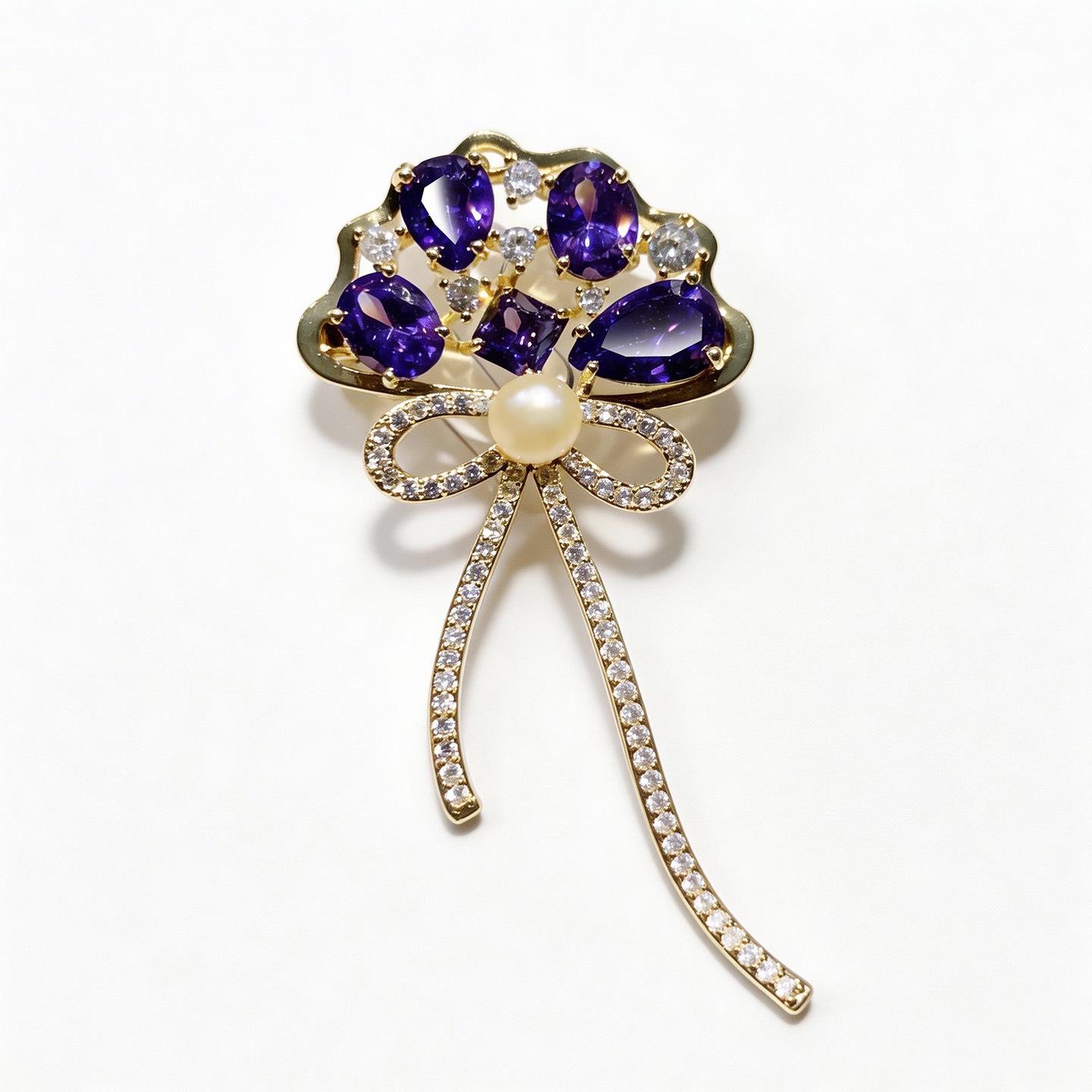 Bo Xin Yun Iris Purple Zirconia Balloon Corsage with Freshwater Pearl Bow Brooch