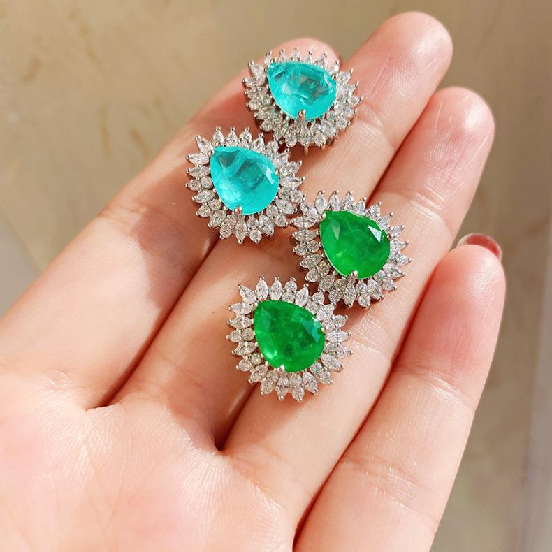 Cross Border Paraiba Water Drop S925 Silver Needle Earrings Emerald Green Micro Inlaid Imitation Temperament Light