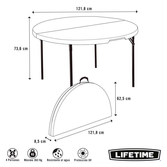 Folding Table - LIFETIME - 122x122x73.5 Cm - Ultra-resistant - Foldable - Outdoor