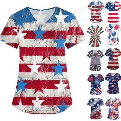 Dia da Independência Feminino Estampado Solto Decote V Bolso Manga Curta Uniforme Uniforme