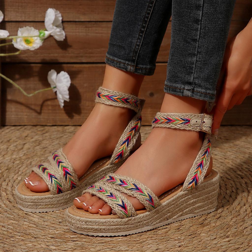 Sandals Bohemian wedge heel super high heel sandals open-toed platform wedge heel high heels straw sandals