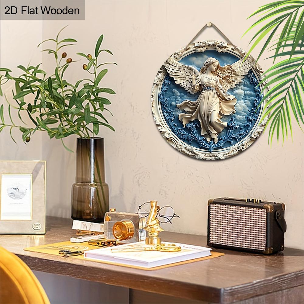Holy Angel Wooden Sign - Beautiful Angel Round Artwork for Front Door Wall Home Hanging Decoration