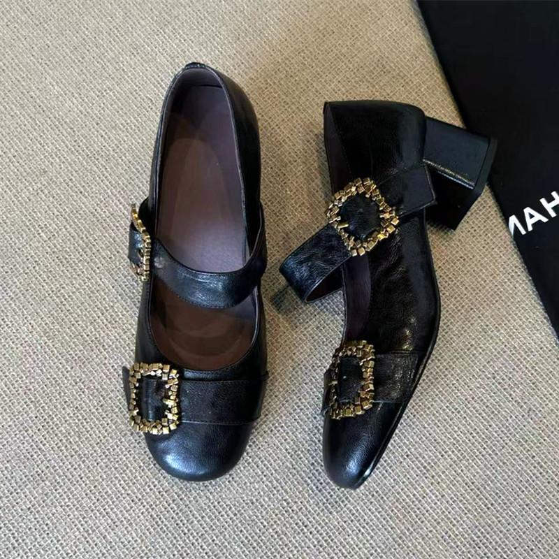 

Chunky High Heel Mary Jane Shoes Women Luxury Metal Belt Buckle Design Black Loafers for Women Round Toe Leather PU Lolita Shoes 35 чёрный