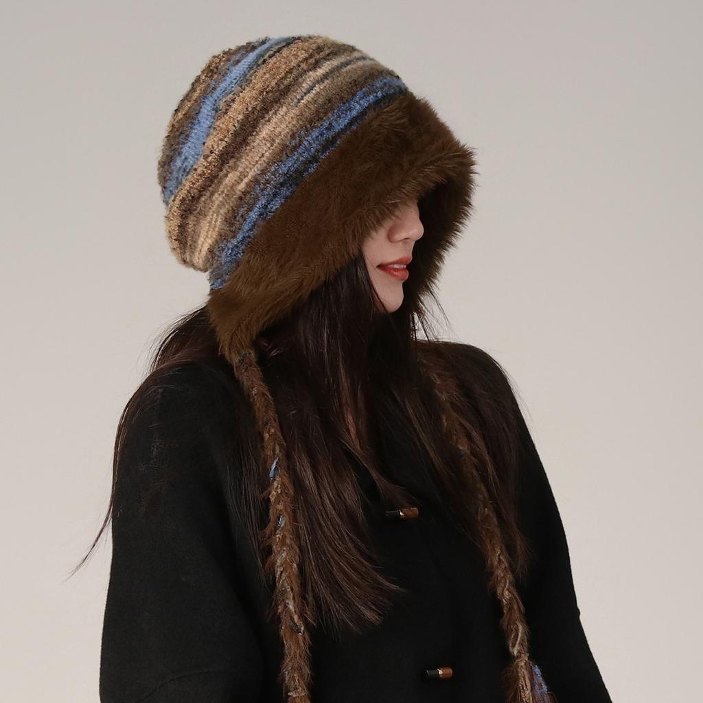 Spring and Autumn Original Plush Tassel Braid Big Head Circumference Knitted Baotou Hat Women