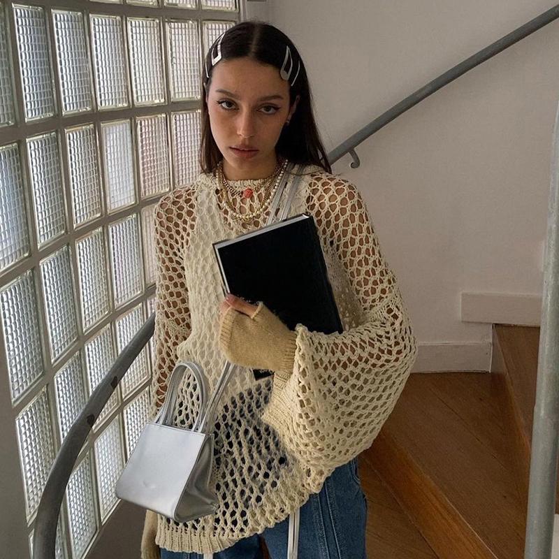 Sexy Hollow Out Sweaters European Women Loose Long Sleeve Pullovers Y2K Vintage Jumpers Autumn Crewneck Smock Tops