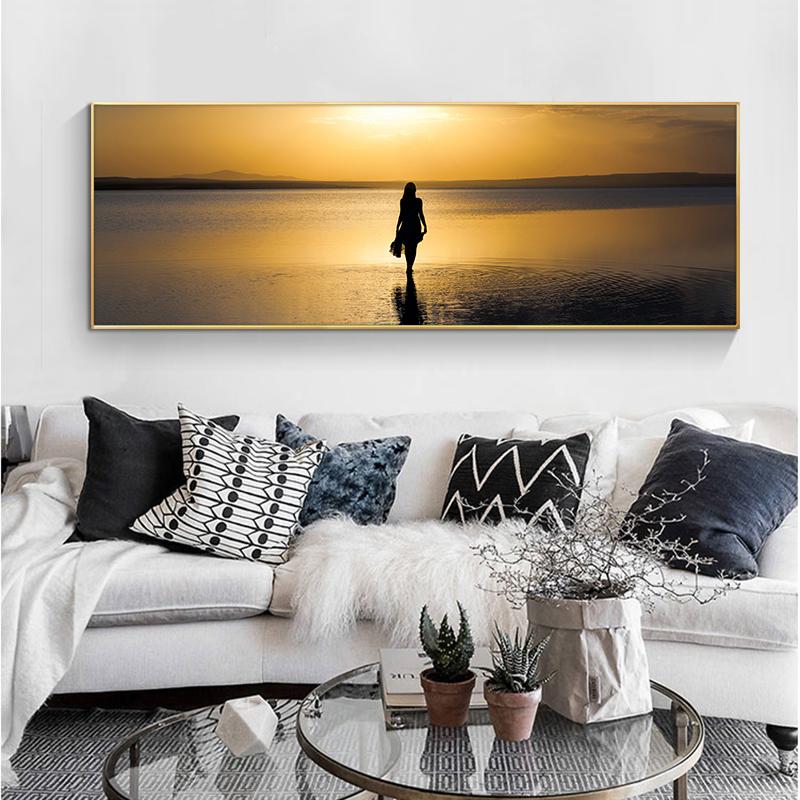 Natürliches Gold, Meer, Strand, Sonnenuntergang, Landschaft, Poster und Drucke, Leinwandgemälde, skandinavisches Wandkunstbild für Wohnzimmerdekoration