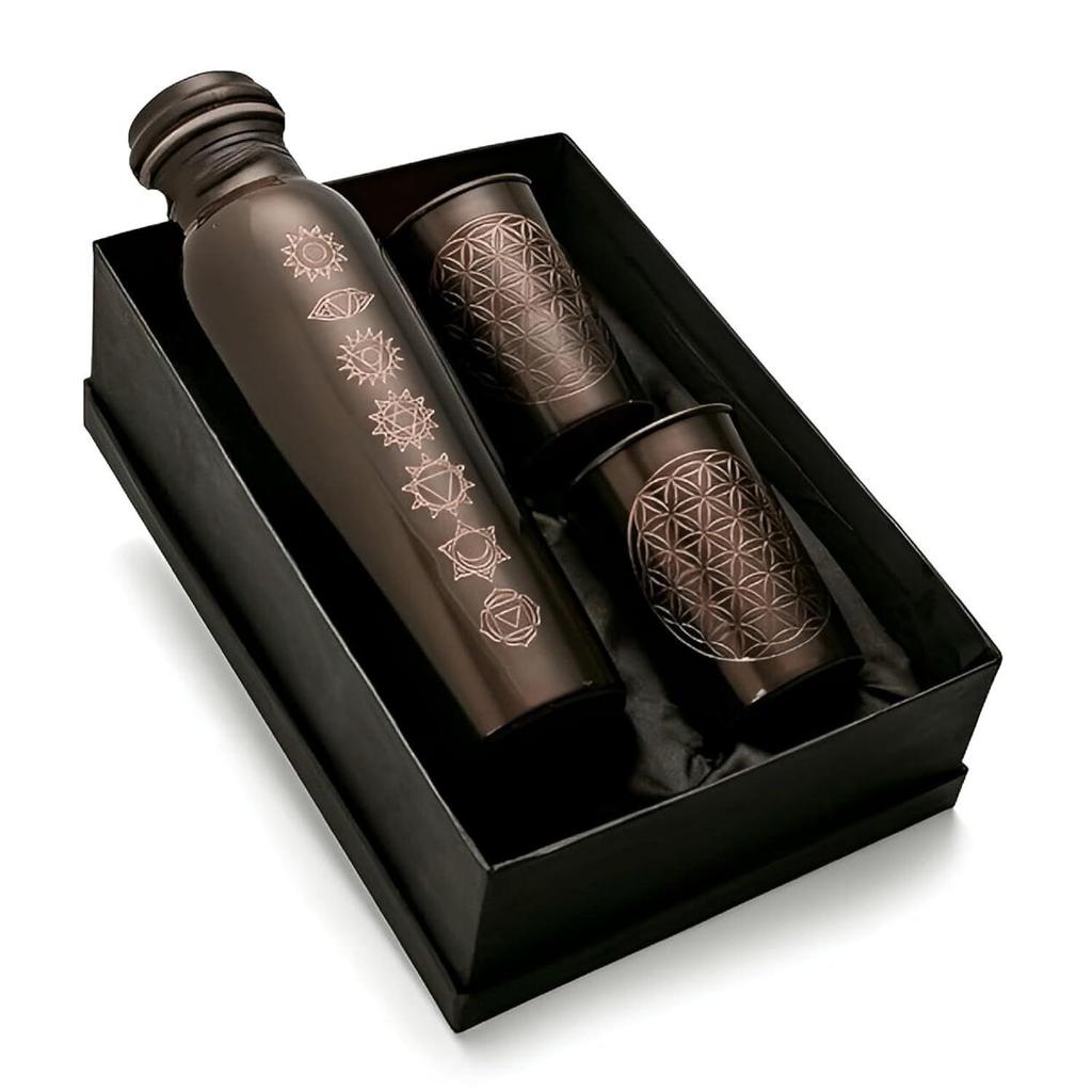 Copper Water Bottle 1 Ltr | Copper Water Bottle with Glass Set | Meena Work | 100% Pure | Leak-Proof | 2 Water Glass 300ml Each |