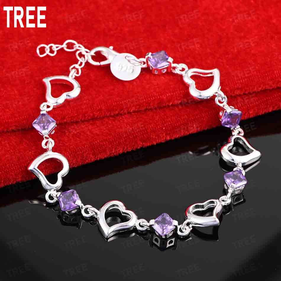 925 Sterling Silver Heart-Shaped Side Chain Sweet Bracelet Gift Jewelry 20CM