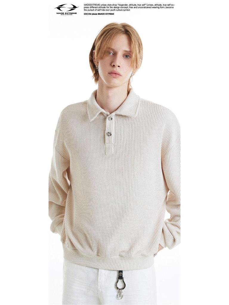 MADEEXTREME 380g Textured Vintage Preserved Flower Button Knit Long Sleeve Polo with Turn-Down Collar