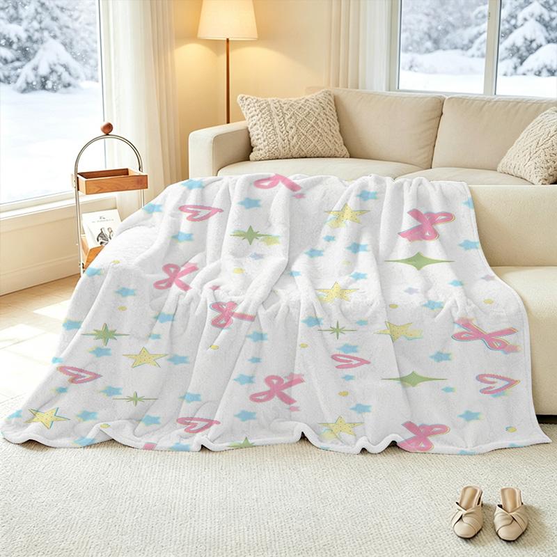 Non-Shedding Flannel Fleece Blanket - Ultra Soft Skin-Friendly Cute Stars, Hearts & Bows, Warm Cozy Home Throw for Halloween & Christmas, Cozy Decor