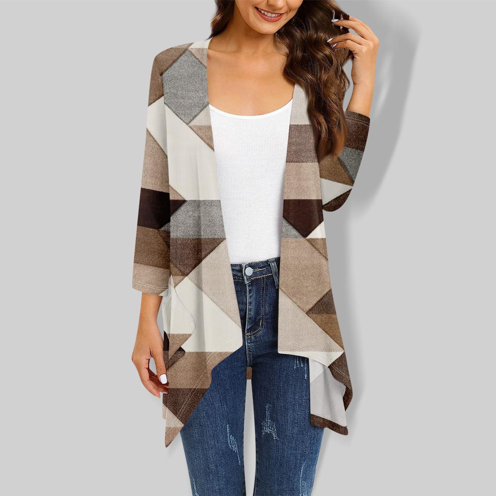 

Женский кардиган с рукавом 3/4 и принтом, вязаный легкий кардиган с открытой передней частью и карманами XL кофейный