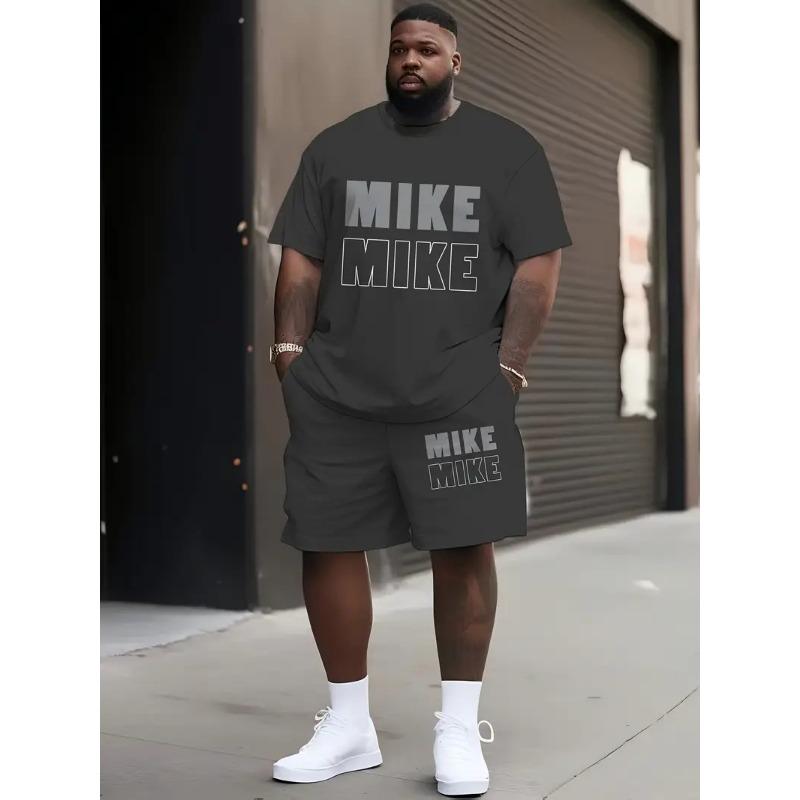 Denim Graphic T-shirt And Shorts 2-piece Set 2025 Plus Size Men's Clothing Casual Loose Drawstring Waist Shorts Short Sleeve Top