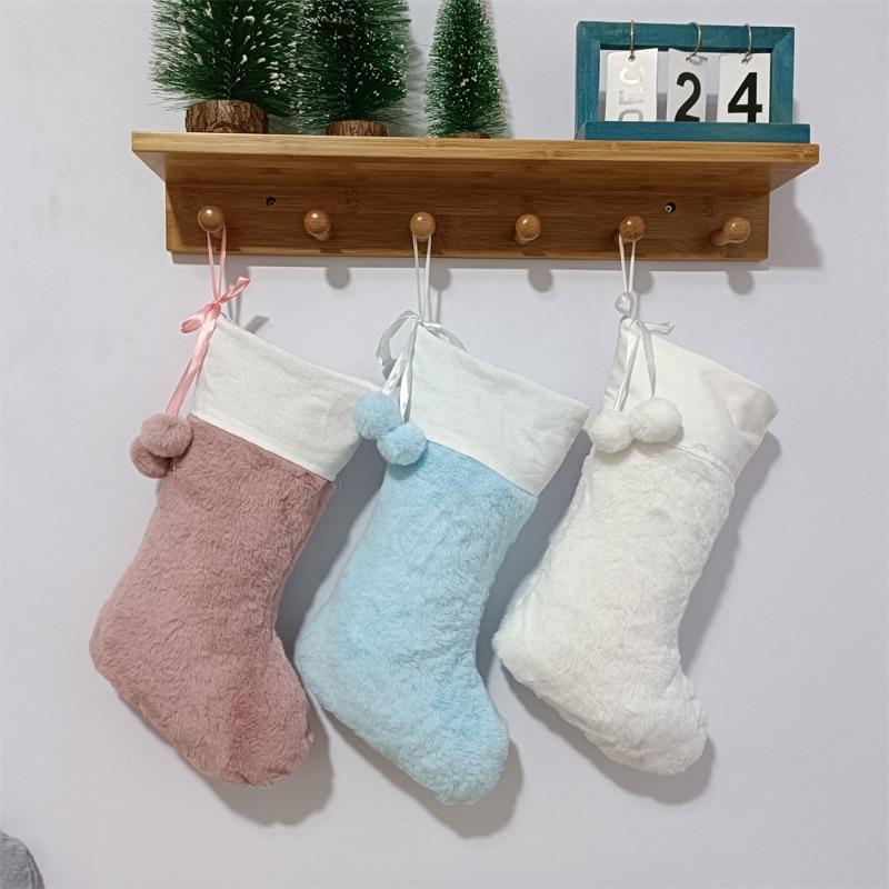 Large Plush Christmas Socks Party Holiday Decoration Storage Gift Bag with Furball Solid Color Christmas Socks