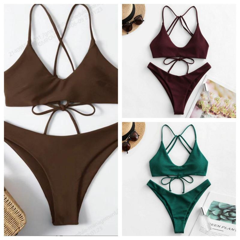 New Solid Color Suspender Split Swimsuit Sexy Pure Bikini Beach Hot Spring Swimsuit