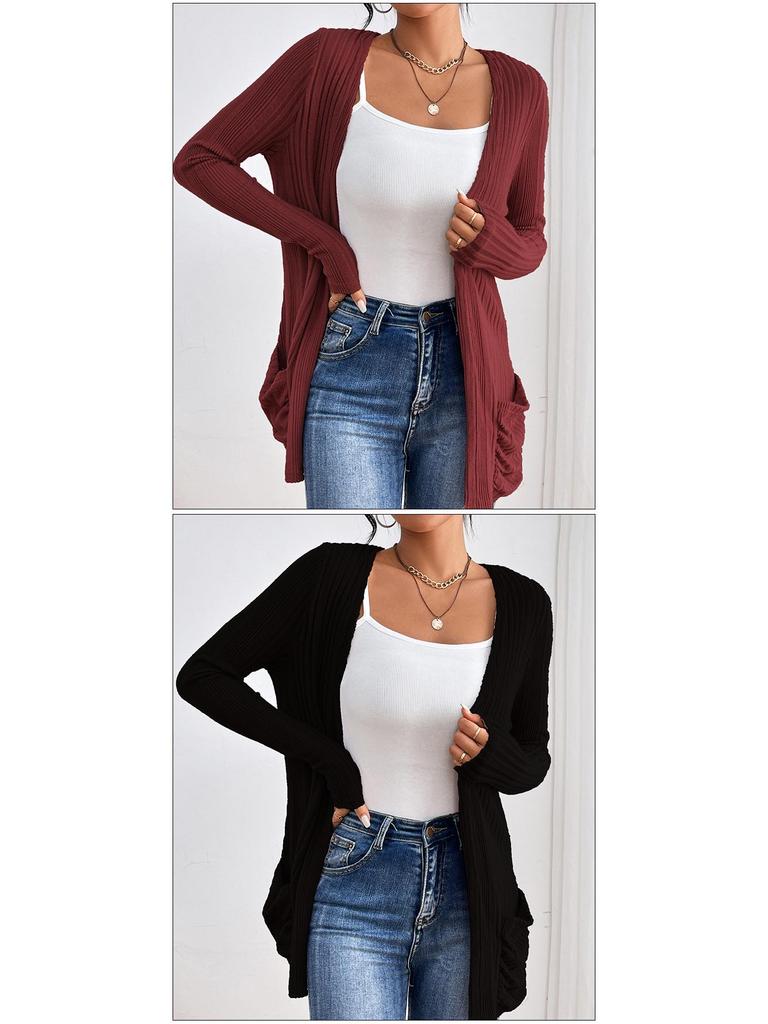 European and American Solid Long-Sleeve Mid-Length Knitted Cardigan with Pockets - Autumn/Winter Sweater