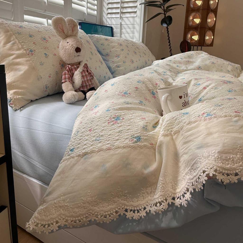 French-Inspired Floral Cotton Puff Lace Trim Bedding Set, 4-Piece Sheet and 3-Piece Duvet Cover