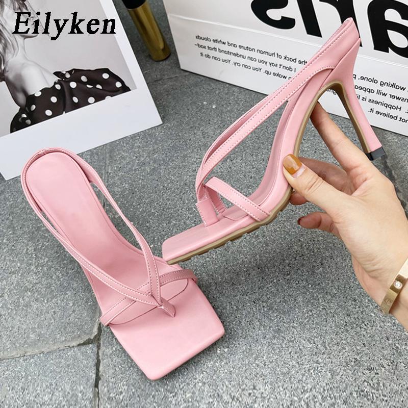 Fashion Eilyken New Slipper High Heels Shoes Fall Best Street Look Females Square Head Toe Clip-On Strappy Women Sandals Slides