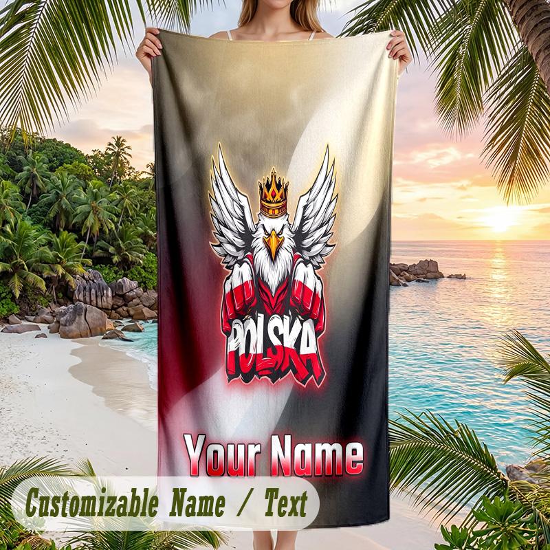 Beach Towel Poland Football Print Custom Name Text Soft Towel for Swimming Pool