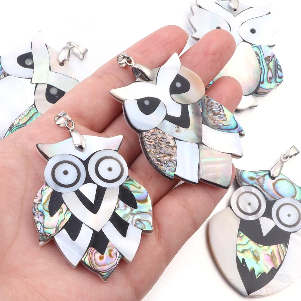 Natürlicher Eulenform-Abalone-Muschel-Anhänger Glückstier Perlmutt-Muschel-Charms für DIY-Schmuckherstellung Halsketten-Zubehör