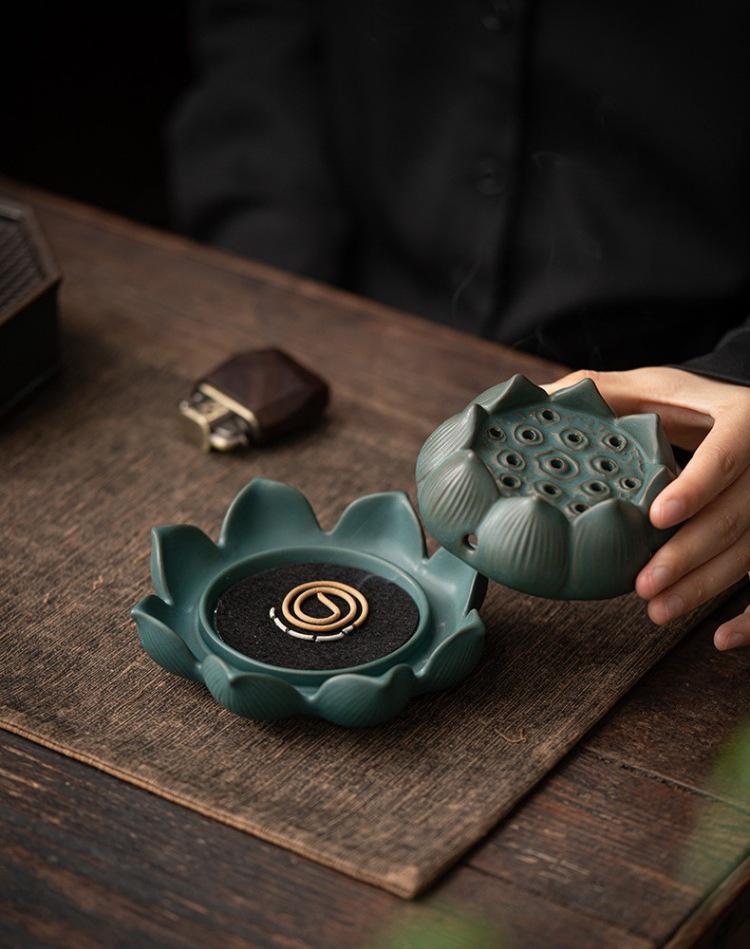 Zen Lotus Ceramic Incense Burner - Antique Sandalwood Coil for Indoor Use