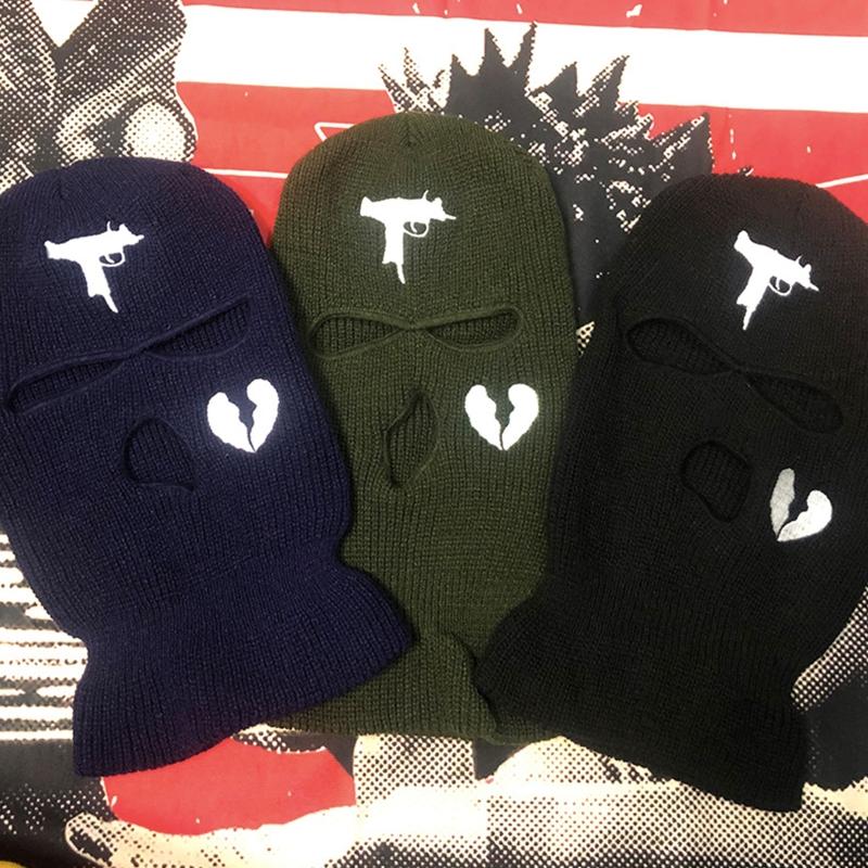 3-Hole Solid Color Embroidered Balaclava Knit Hat Face Mask Neck Gaiter Windproof Warm for Spring Fall Winter Daily Wear